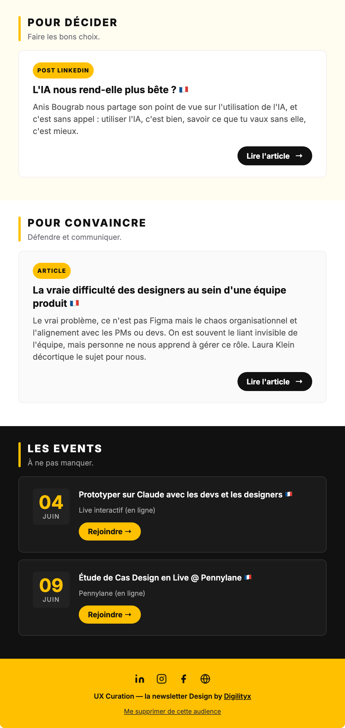 Sections Pour décider, Pour convaincre, Les events et le pied de page de UX Curation